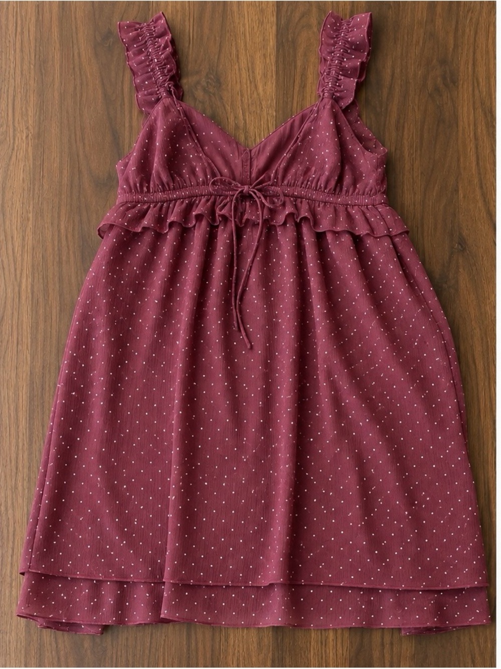 American Eagle Burgundy Polka Dot Ruffle Babydoll Mini Dress M